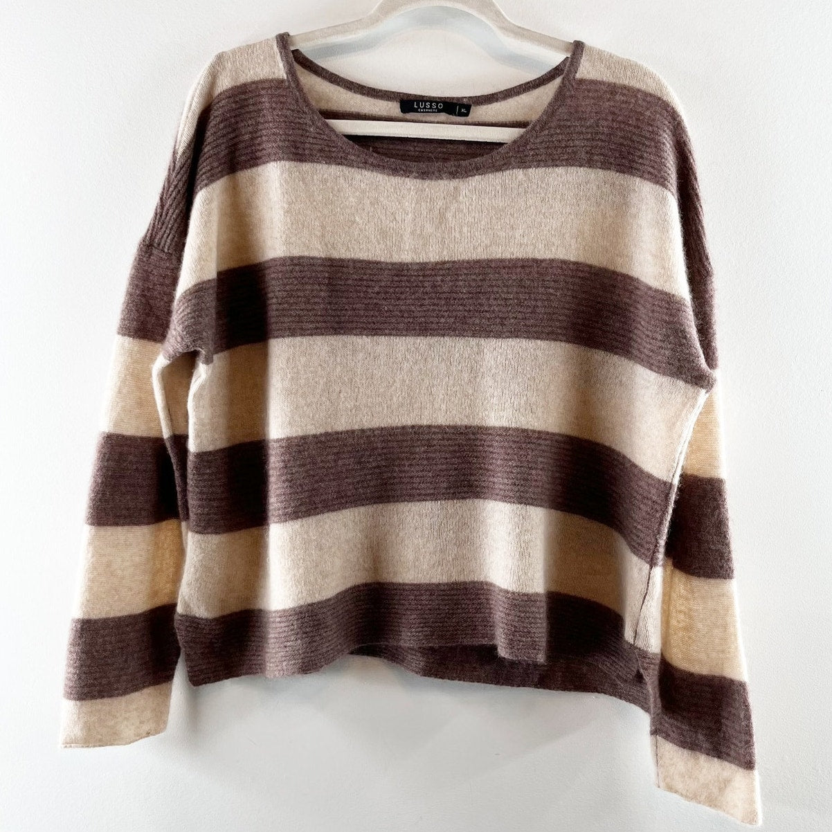 Lusso Logan Crewneck Cashmere Striped Long Sleeve Sweater Brown Tan XL