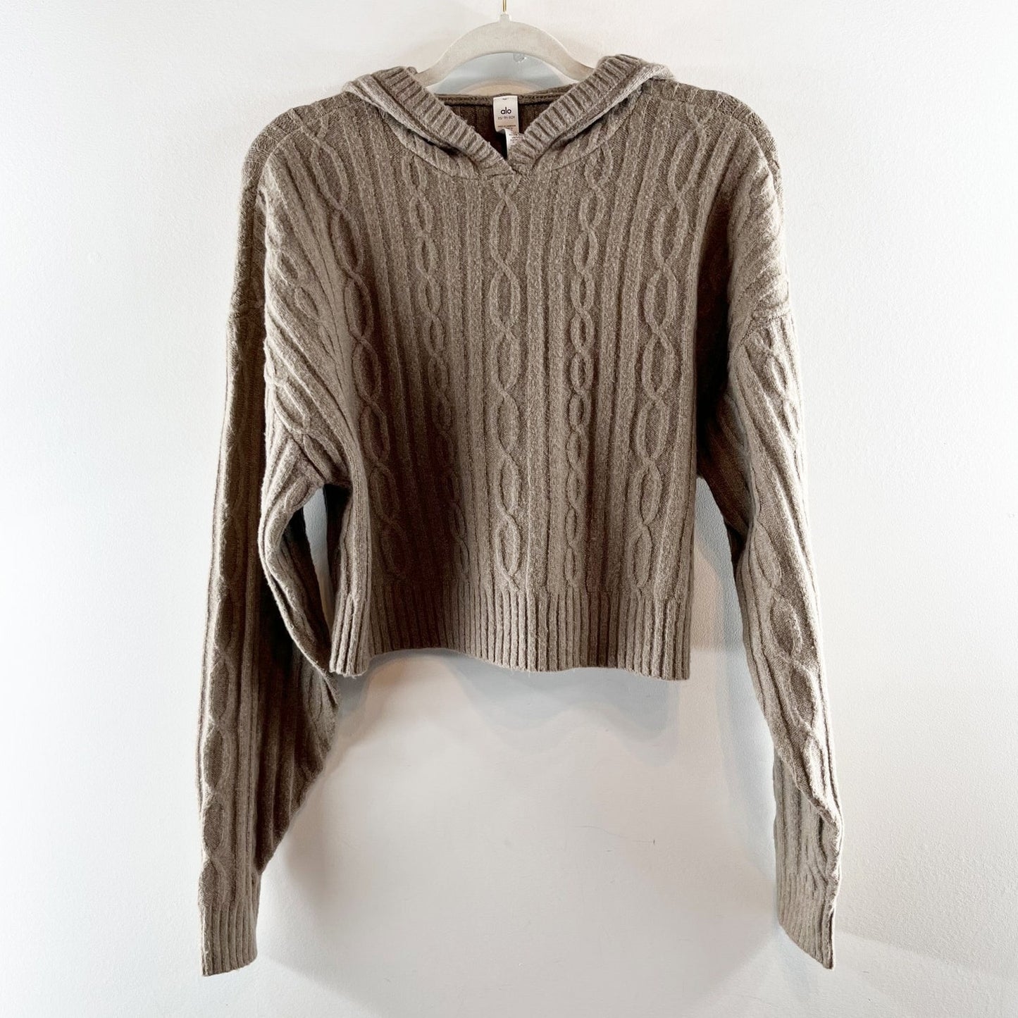 Alo Cable Knit Winter Bliss Hoodie Pullover Sweater Light Cocoa Tan Beige XS