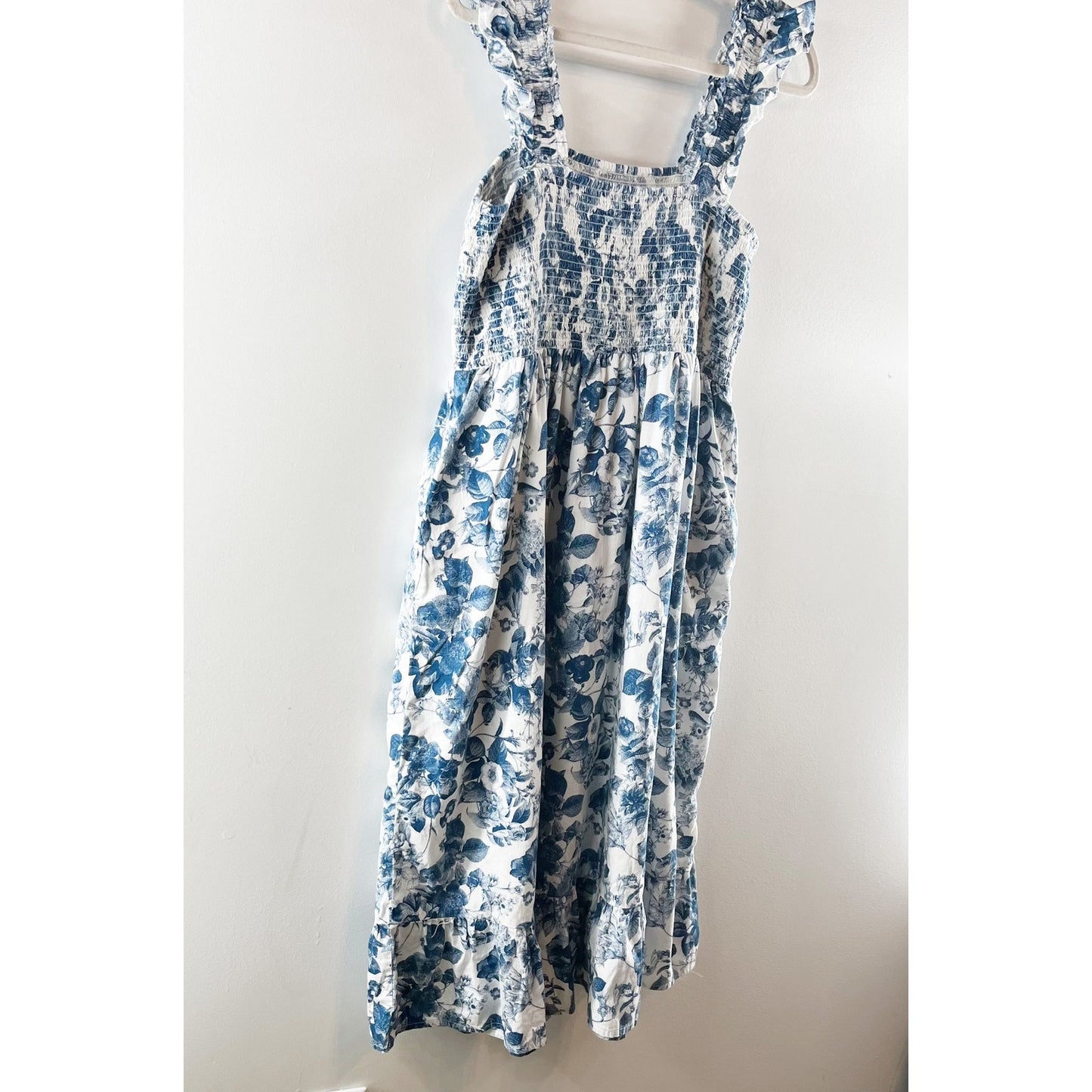 The Drop Smocked Bodice Ruffle Strap Square Neck Floral Midi Dress Blue XL