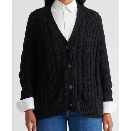 Quince Organic Cotton Oversized Cable Cardigan Sweater Black XS