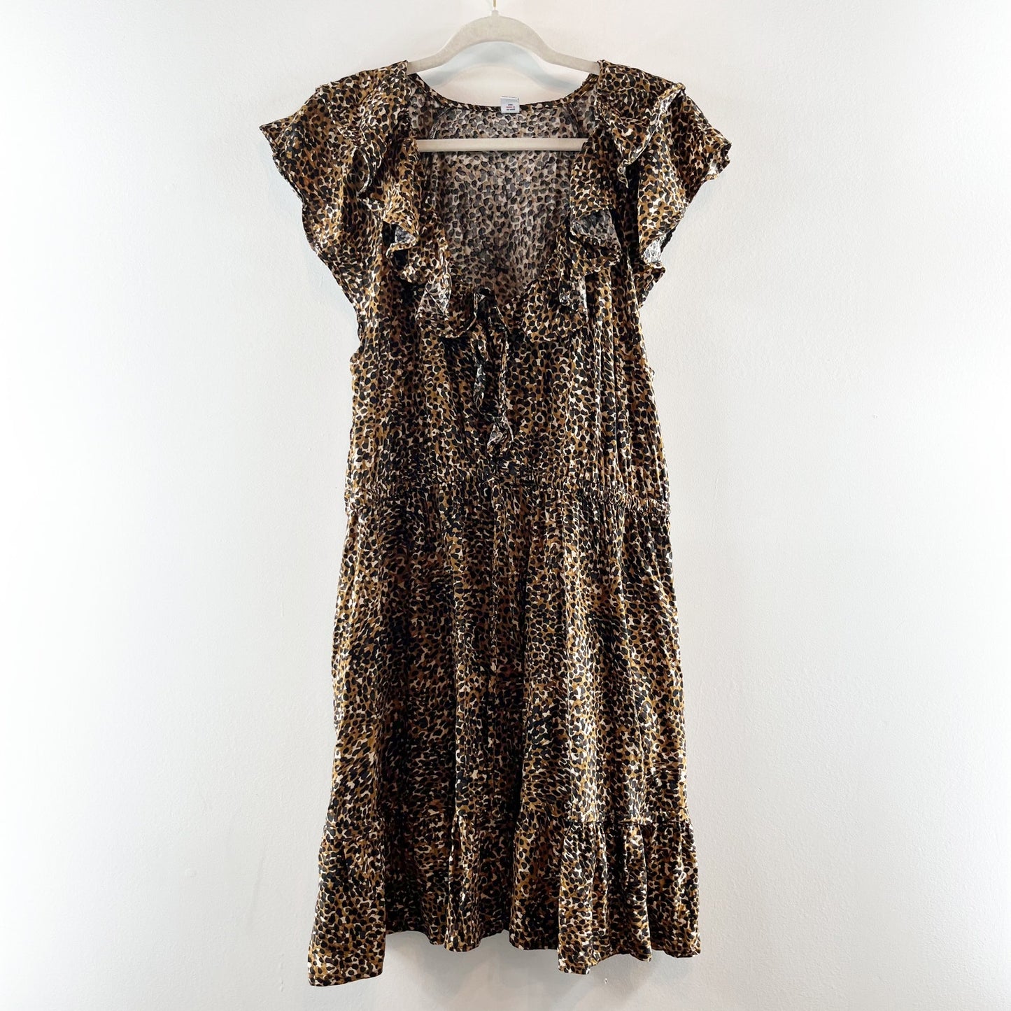 Old Navy Waist Defined Ruffle Trim Mini Dress Leopard Wild Spots Brown XL