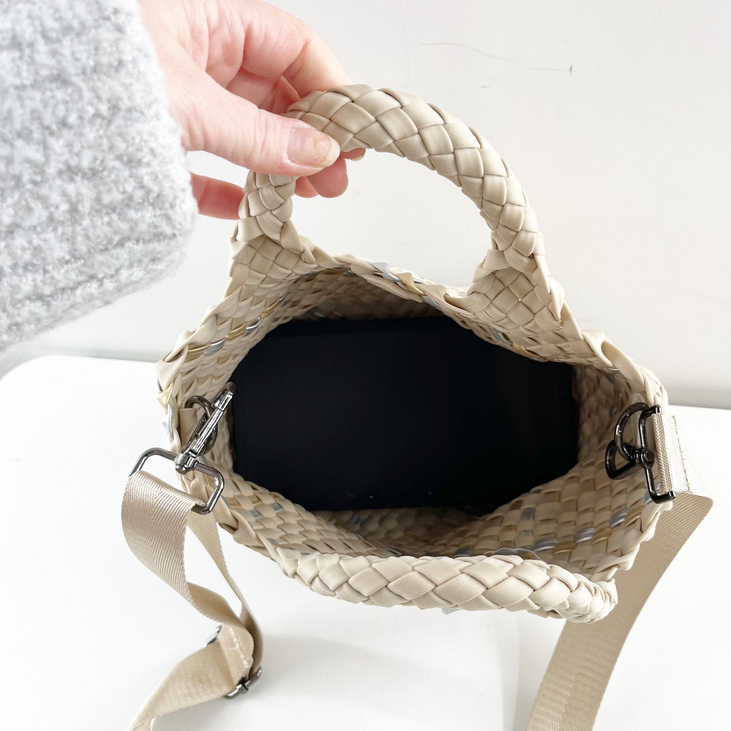 Parker & Hyde Mini Woven Tote Bag Purse with Crossbody Strap Beige Gold Metallic