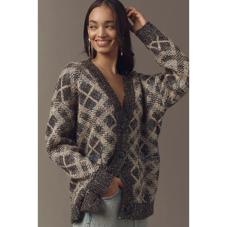 Maeve by Anthropologie Diamond Sparkle V-Neck Cardigan Sweater Gray XL Petite