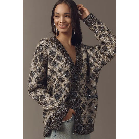 Maeve by Anthropologie Diamond Sparkle V-Neck Cardigan Sweater Gray XL Petite