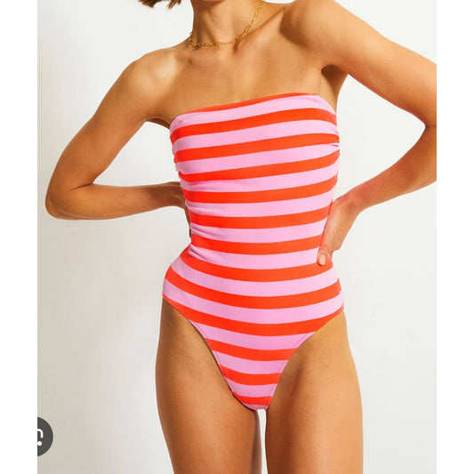 LemLem Dinah One Piece Striped High Cut Strapless Swimsuit Chireti Pink Large