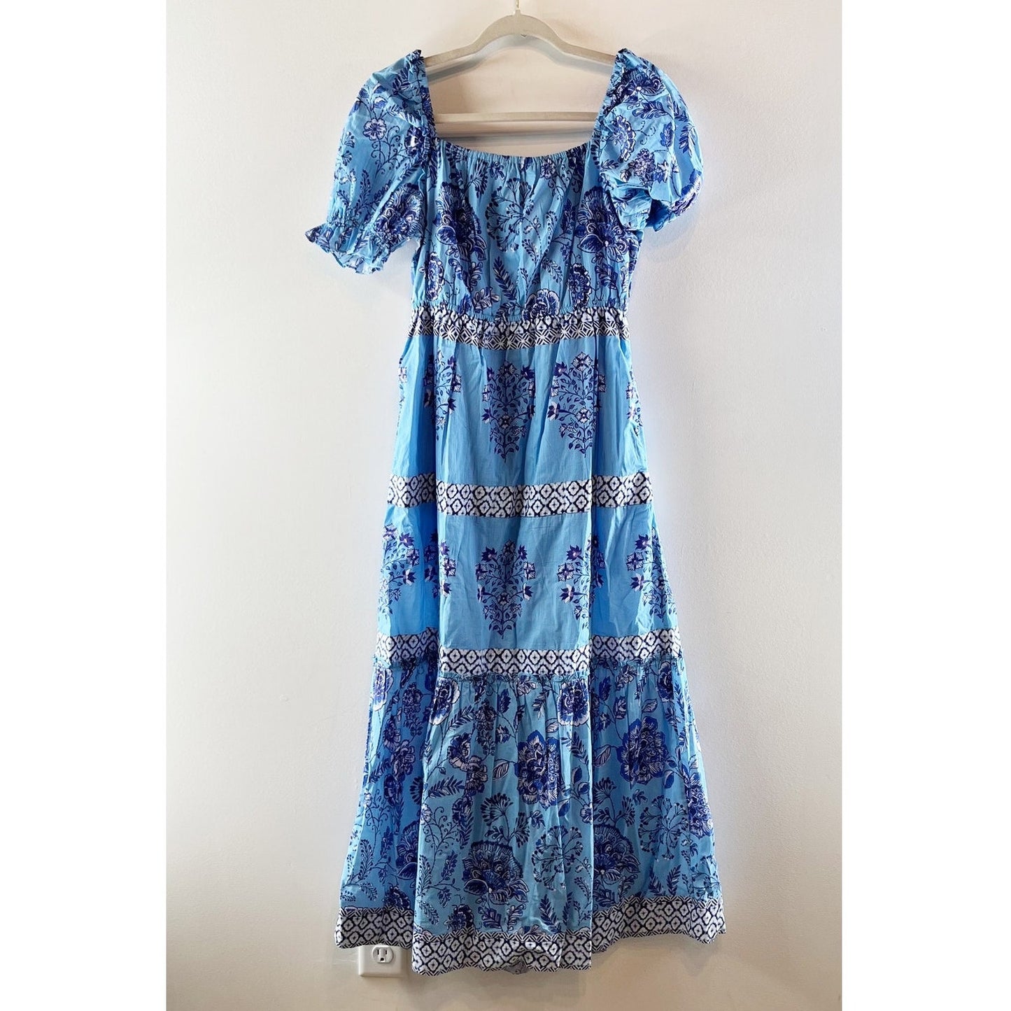 Celina Moon Short Puff Sleeve Printed Tie Front Maxi Dress Blue Medium