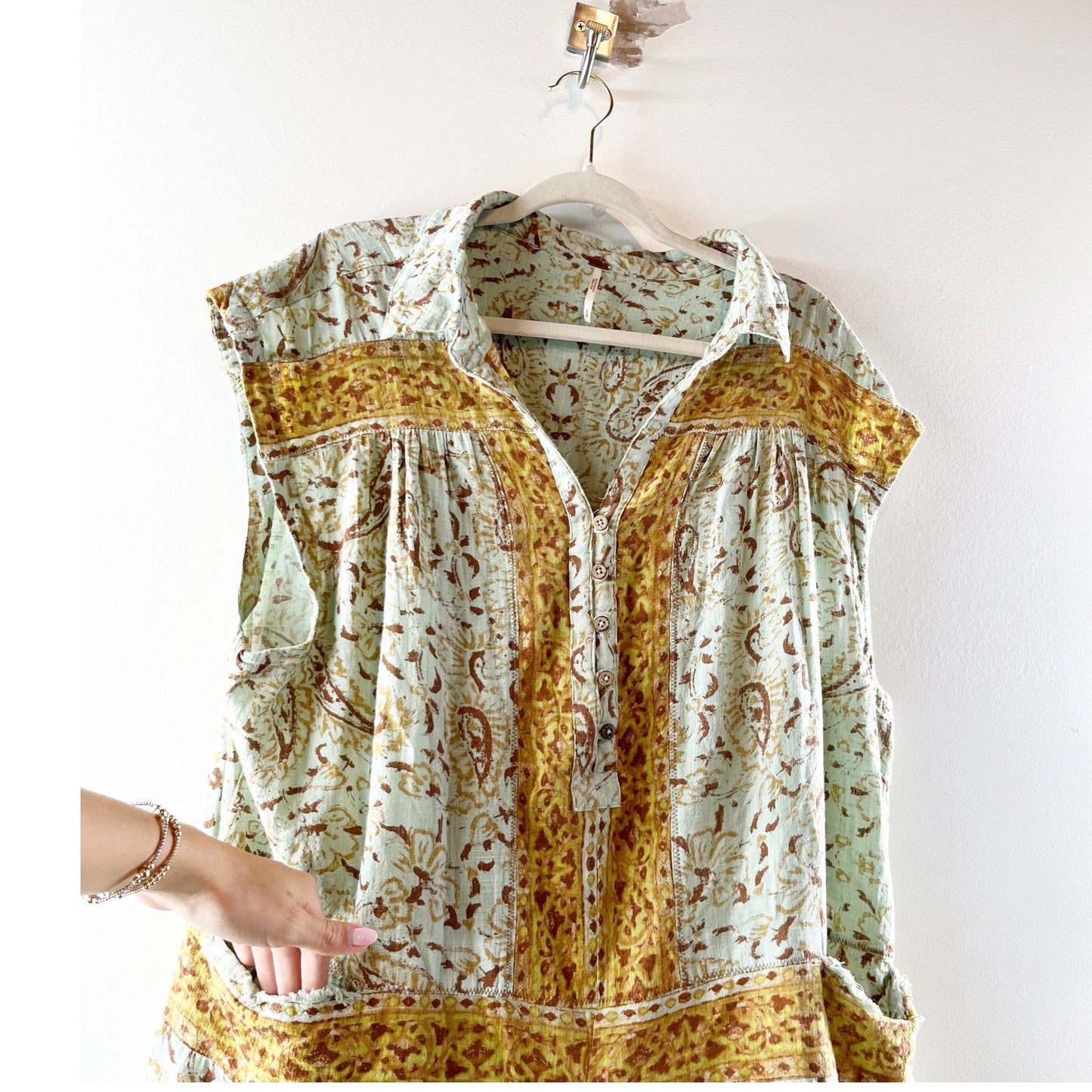 Free People Telly Floral Waistless One Piece Romper Green Yellow Large