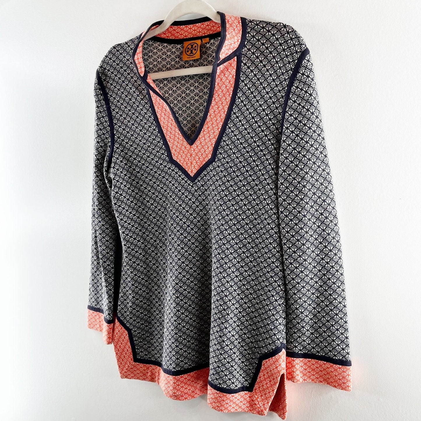 Tory Burch Colorblock Geometric Knit Tunic Sweater Top Blue Orange Small