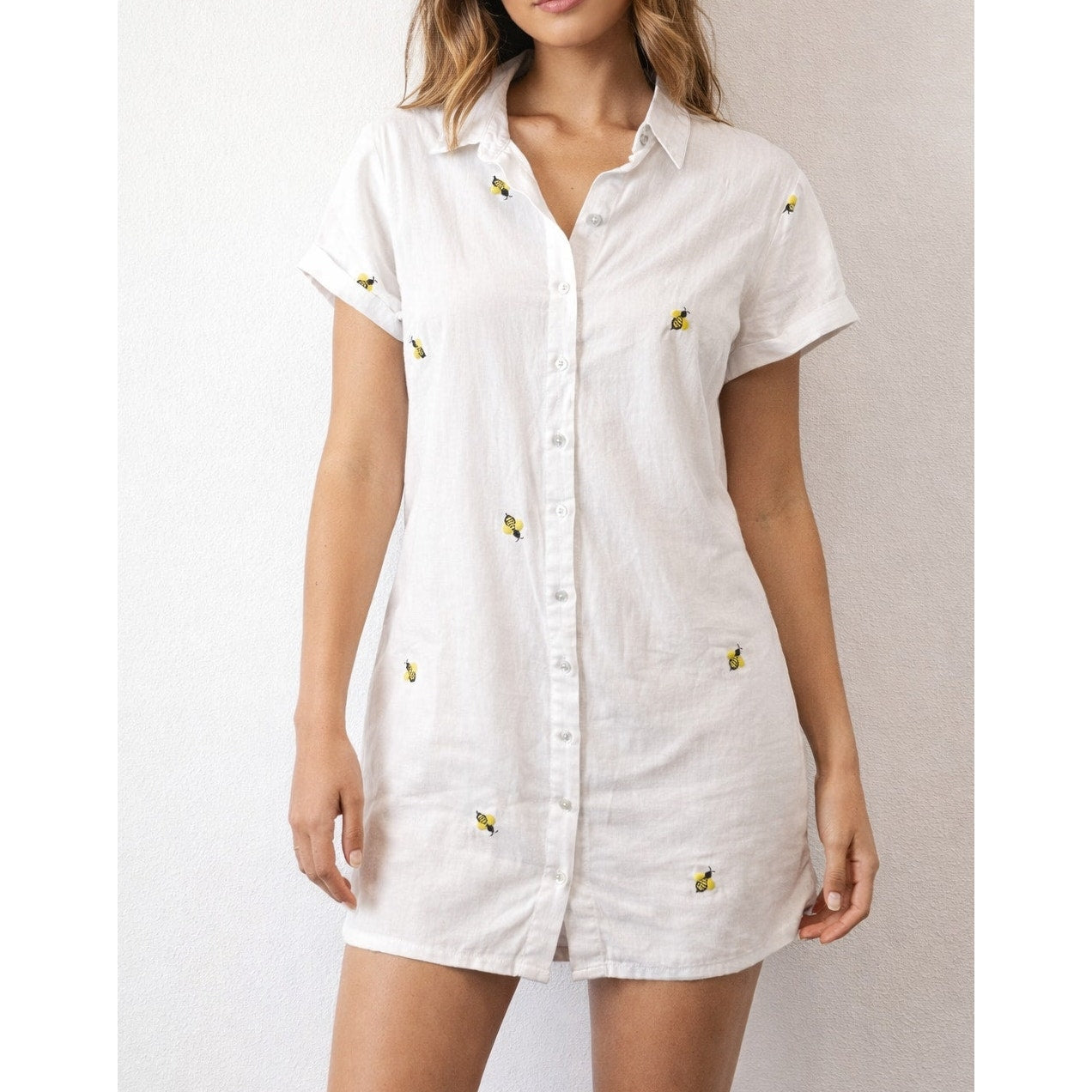 Joie Short Sleeve Button Up Embroidered Bumble Bee Print Shirt Dress White Small
