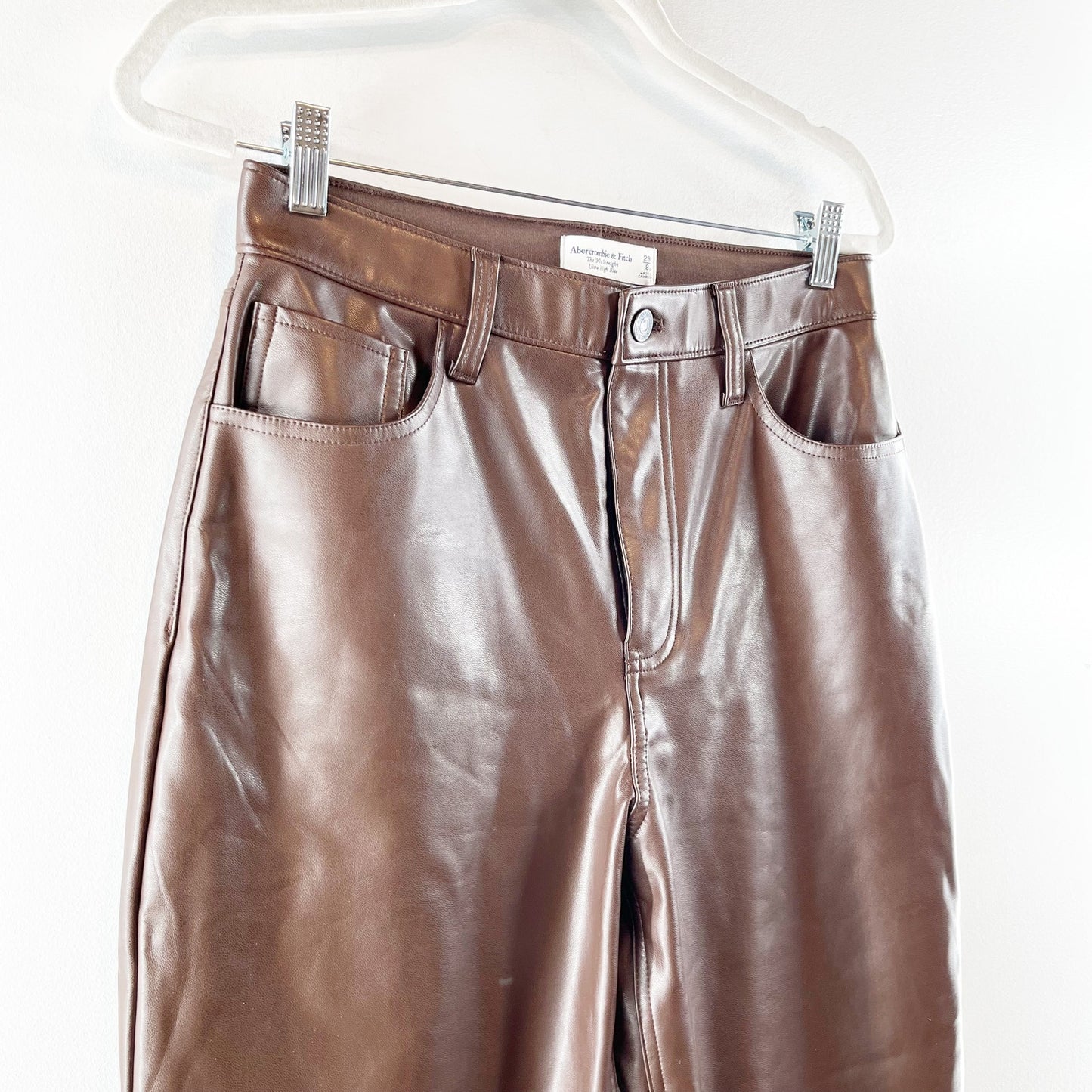 Abercrombie '90's Straight Ultra High Rise Curve Love Faux Leather Pants Brown 8