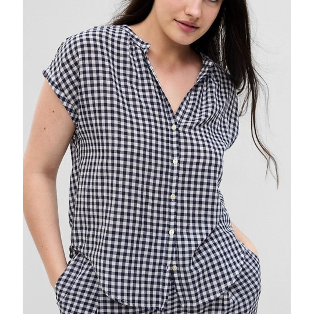 GAP Airy Dolman Short Sleeve Gingham Button Up Shirt Blue White XL