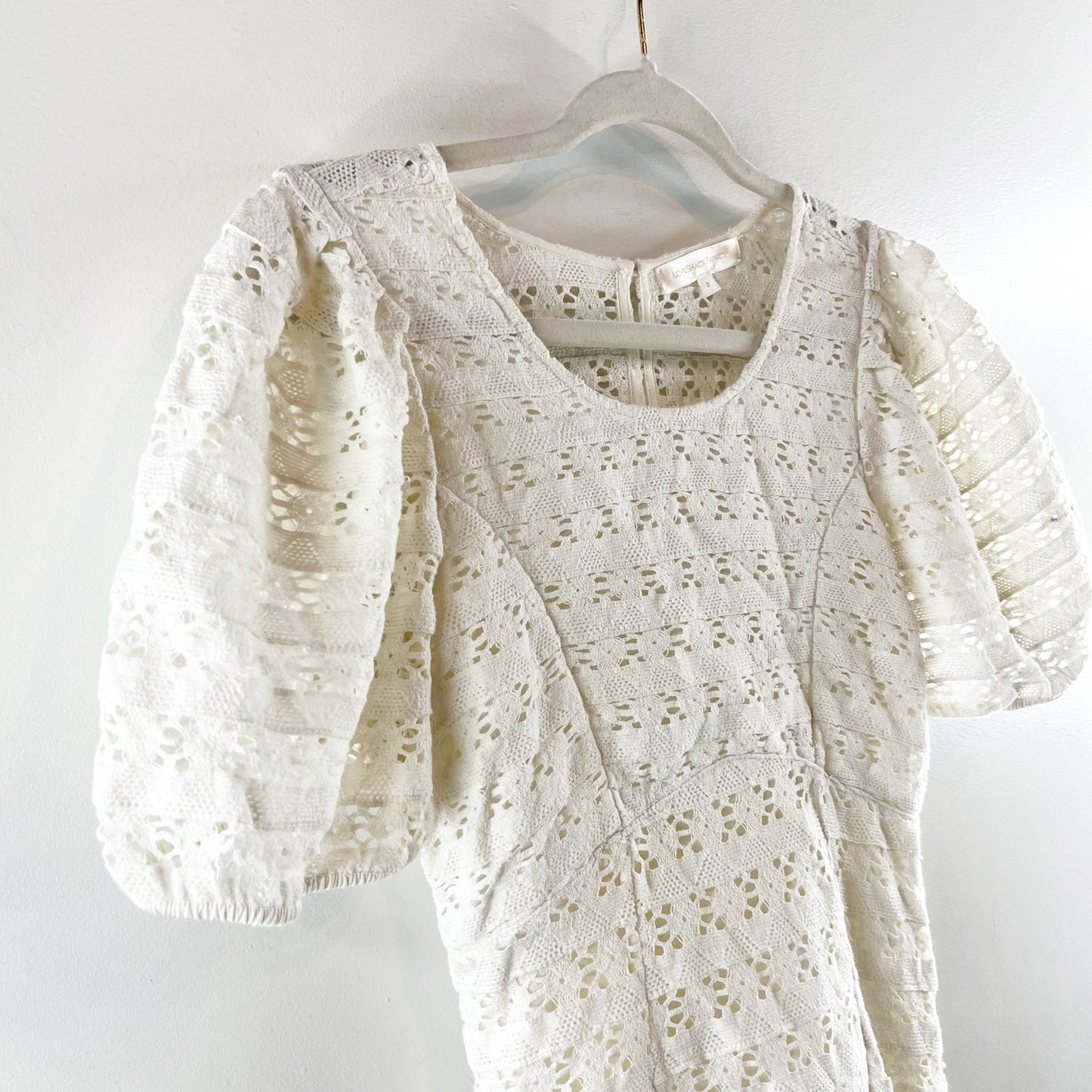 LoveShackFancy Apollo Lace Short Puff Sleeve Cotton Mini Dress White 2