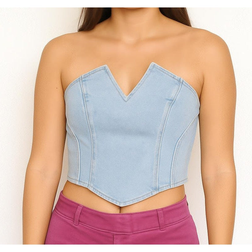Bobbles & Lace Break Free Faded Denim Cropped Tube Corset Top Blue Small