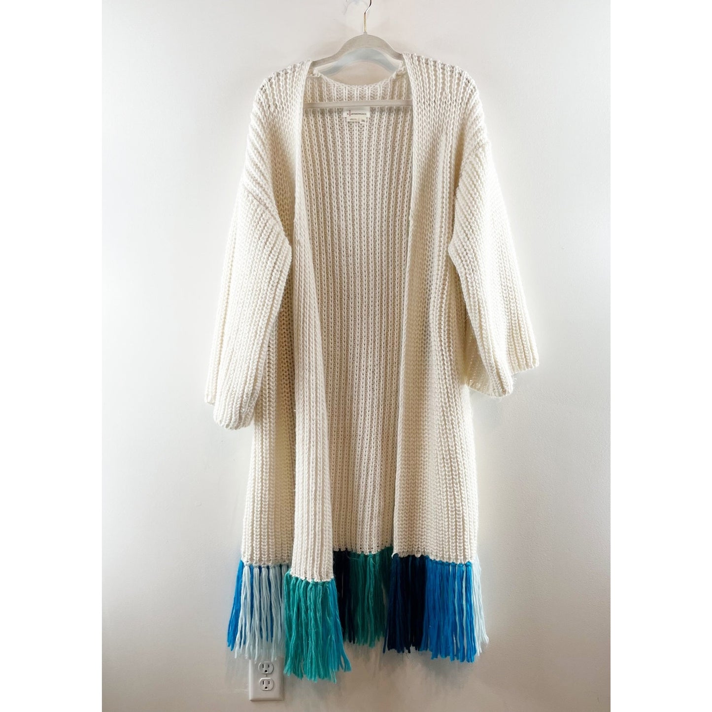 By Anthropologie Fringe Duster Kimono Cardigan Sweater Cream Blue Ombre O/S