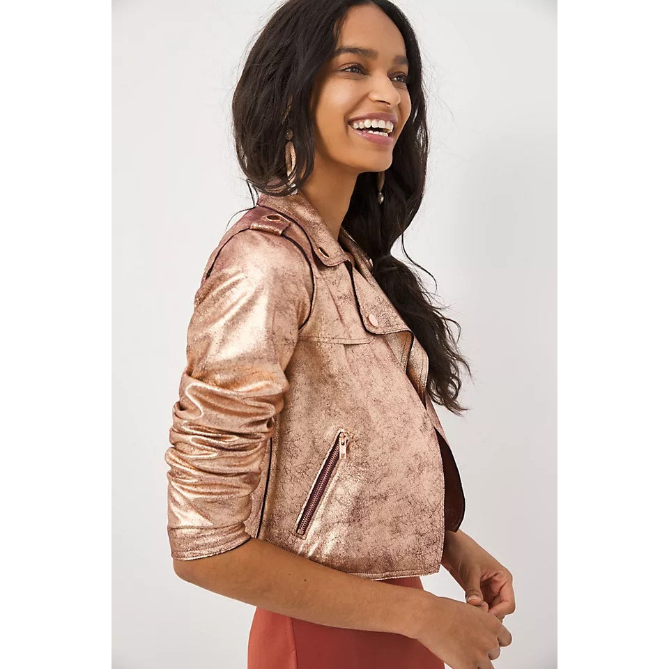 Anthropologie Brisa Metallic Cropped Faux Leather Moto Jacket Rose Gold Small