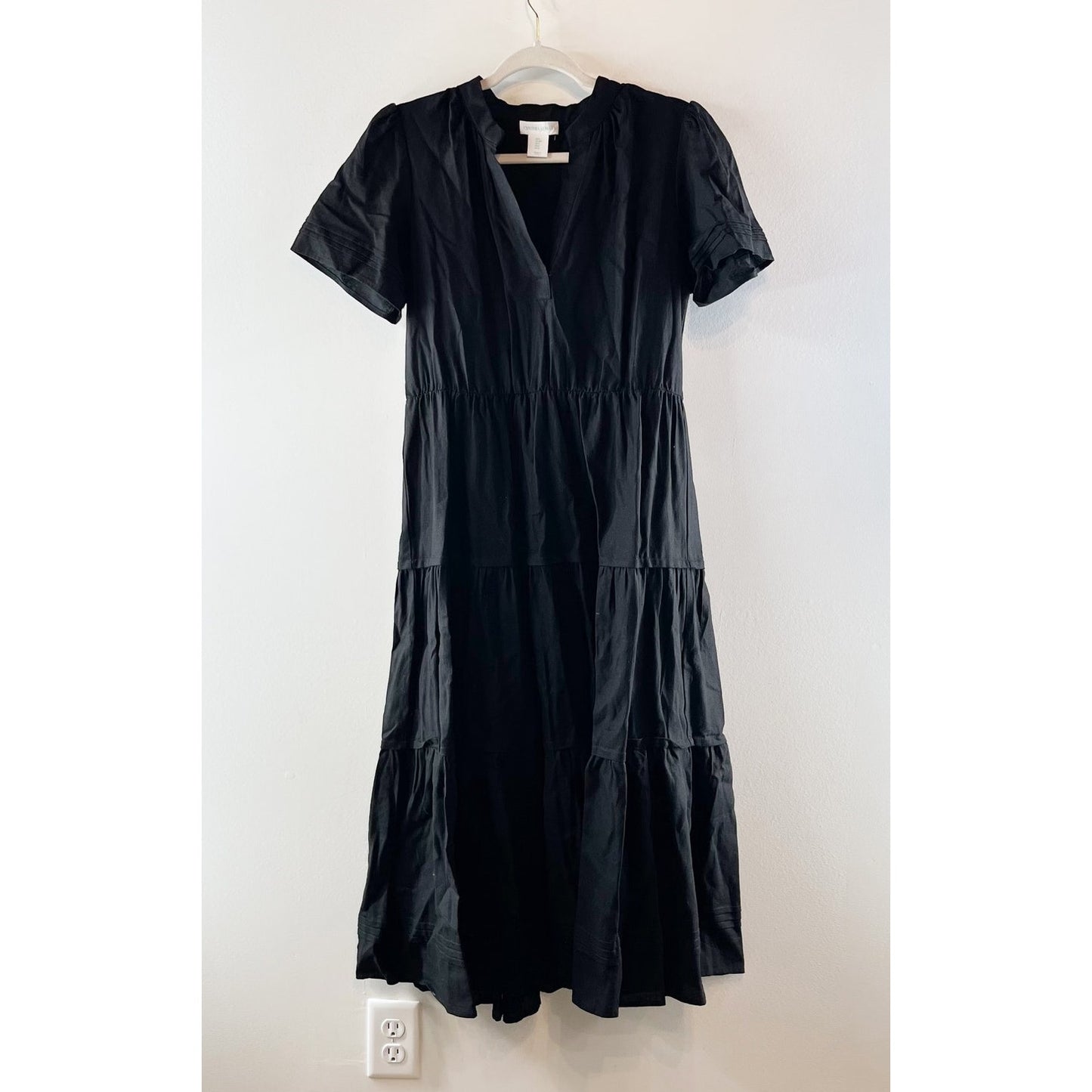 Cynthia Rowley Tiered Linen Blend Short Sleeve Midi Dress Black Small