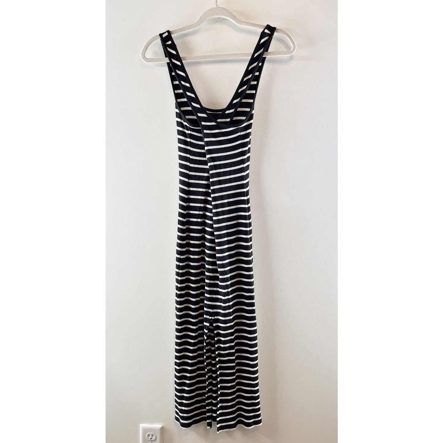 J. Crew Striped Vintage Rib Knit Cross-Back Tank Midi Dress Black White Small