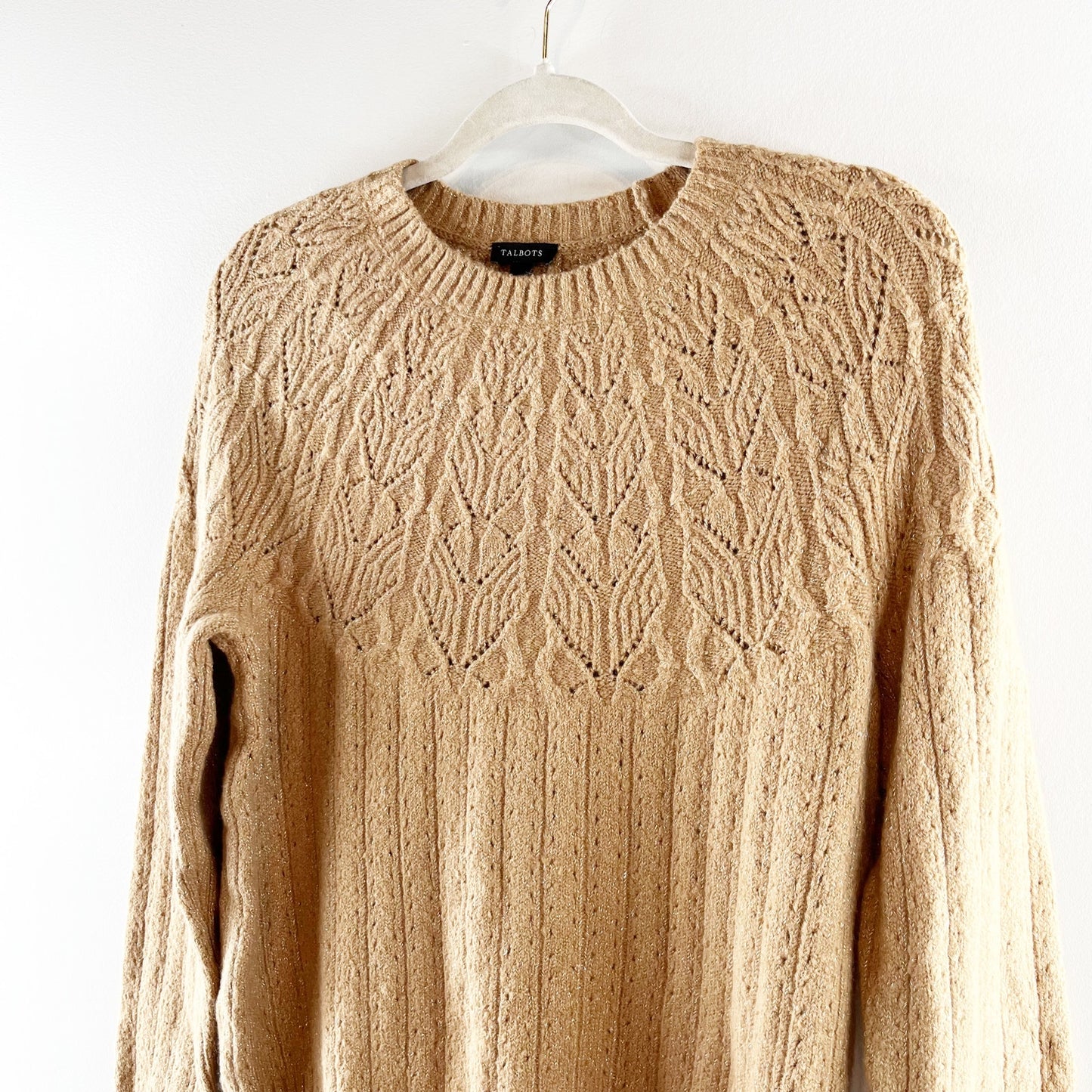 Talbots Long Sleeve Metallic Pointelle Sweater Tan Beige Small