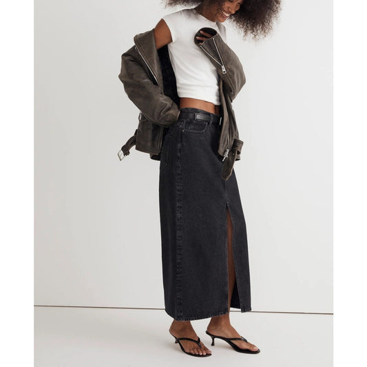 Madewell Cotton Denim Mid-Rise Maxi Skirt in Lunar Wash Black 30 / 10