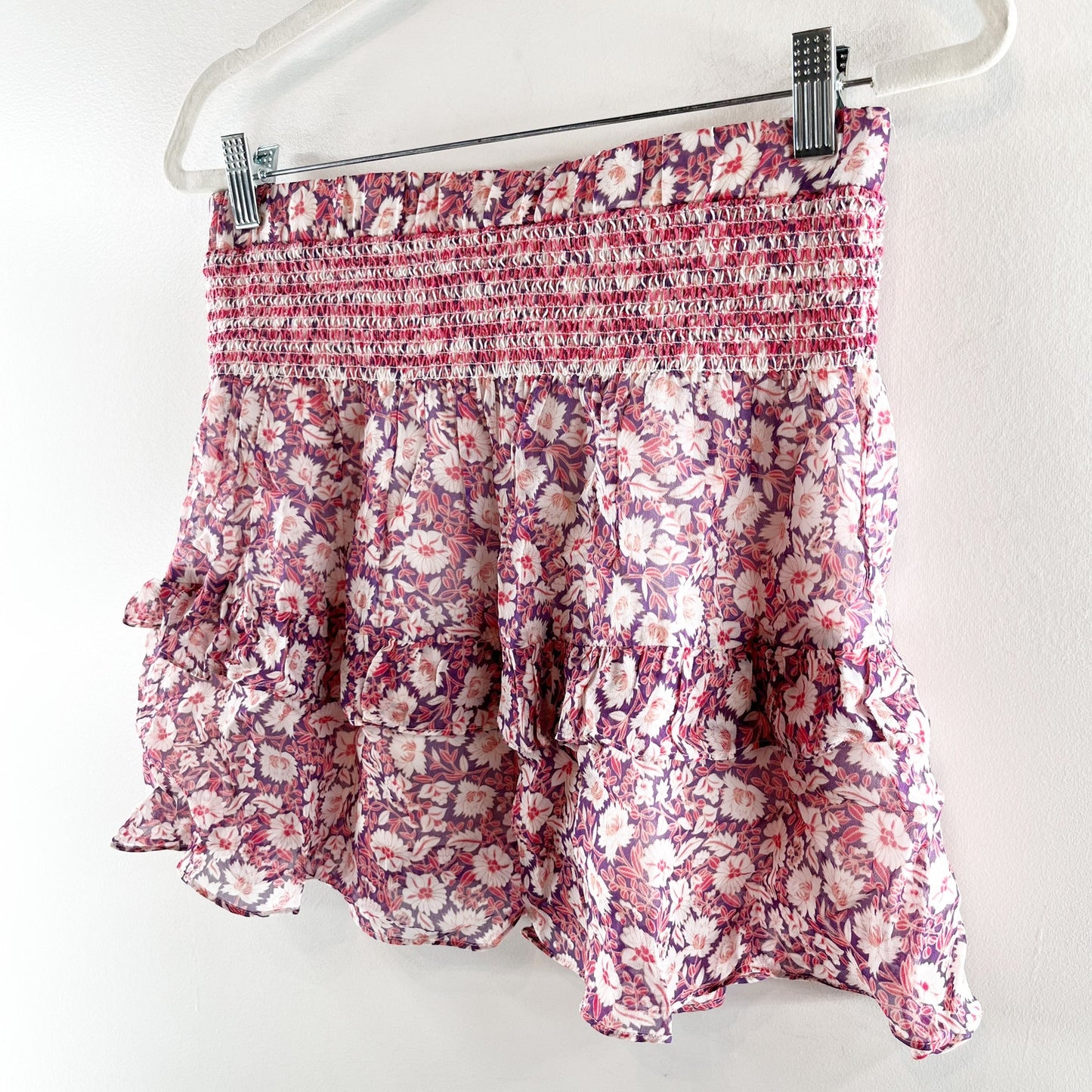 Rebecca Minkoff Tiered Floral Smocked Waist Mini Skirt Pink XS