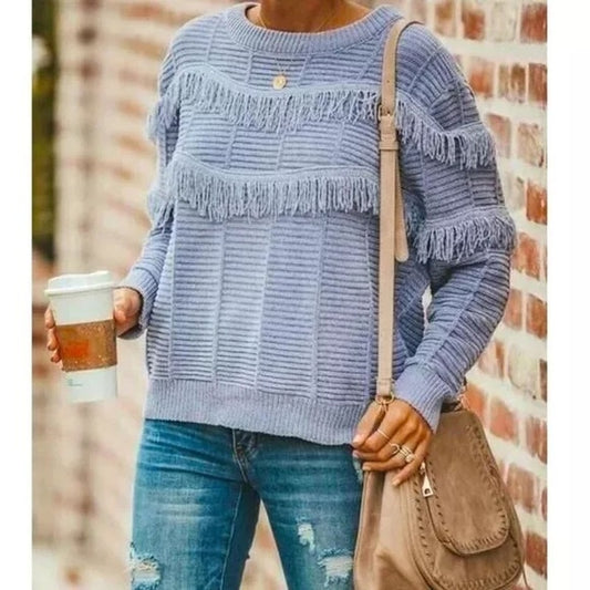 VICI Crewneck Fringe Pullover Chenille Sweater Blue Small