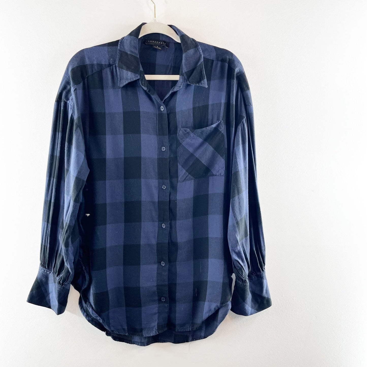 Sanctuary Buffalo Check Dropped Shoulder Tunic Button-Up Shirt Blue Small