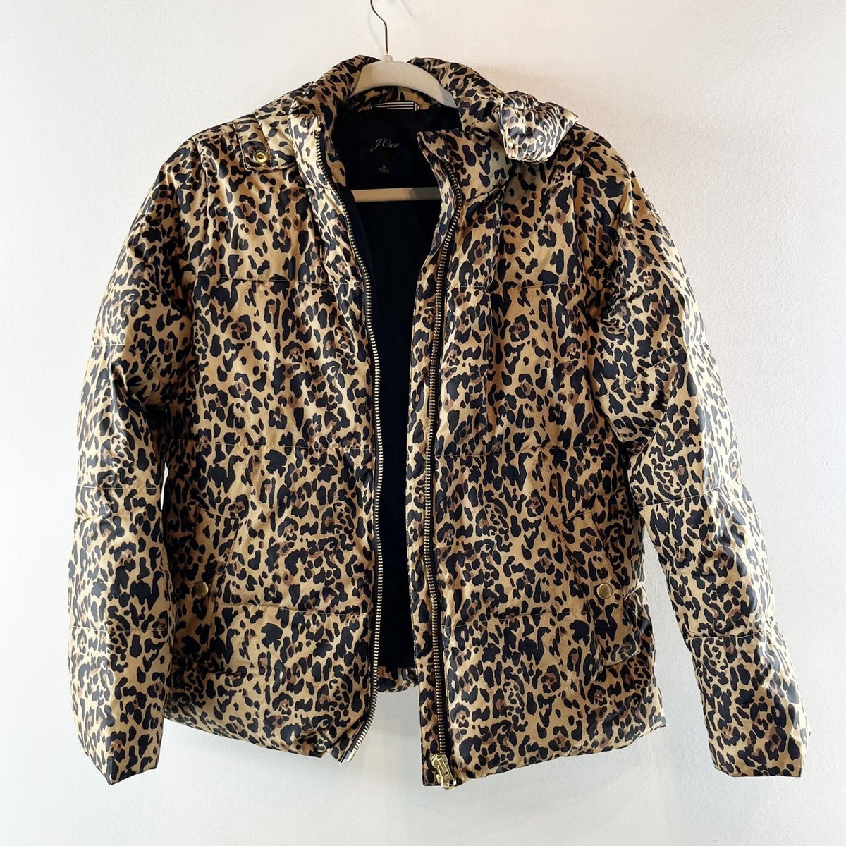 J. Crew Leopard Animal Print Full Zip Snow Puffer Coat Jacket Brown Black Small