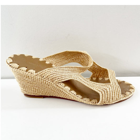 Carrie Forbes Raffia Slide Open Toe Wedge Heel Sandals Natural Tan 39 / 9