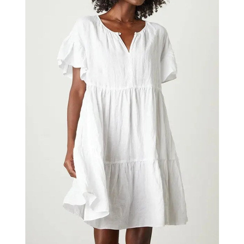 Velvet by Graham & Spencer Linen Flutter Sleeve V-Neck Tiered Mini Dress White S