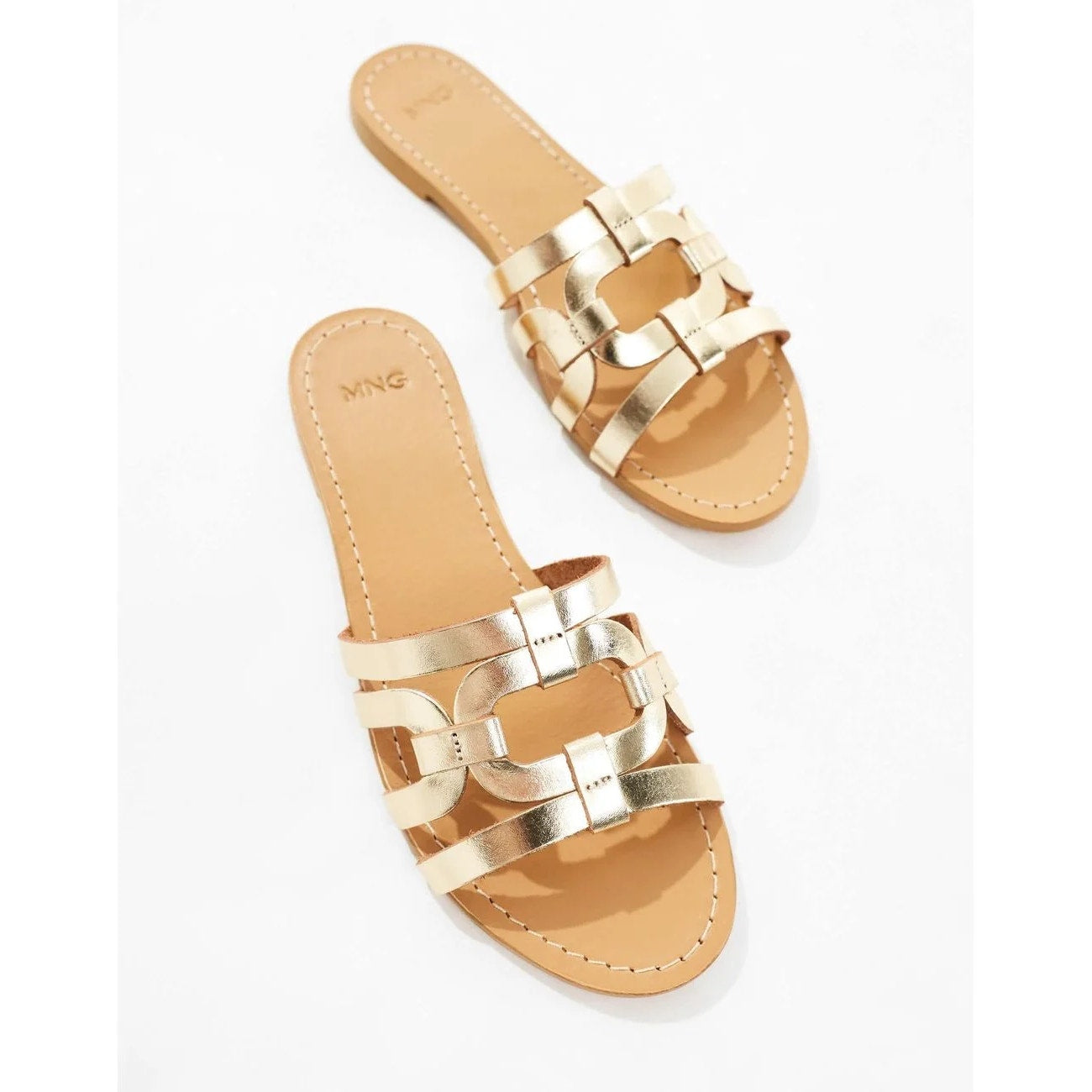 MANGO Leather Straps Slip On Flat Slide Sandals Metallic Gold 39 / 8.5