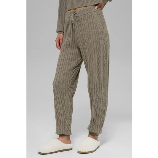 Alo Cable Knit Winter Bliss Jogger High Rise Lounge Pants Light Cocoa Tan Beige