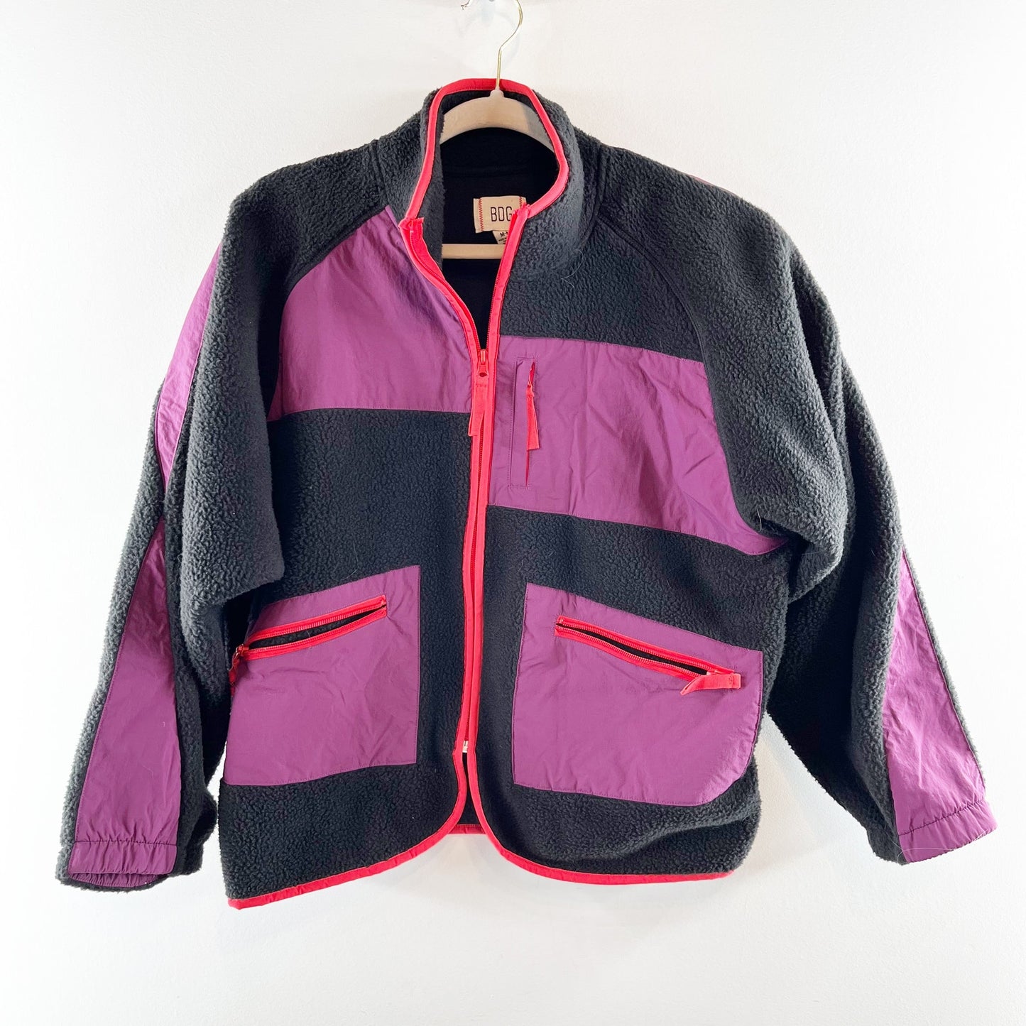 Urban Outfitters BDG Bruce Fleece Spliced Zip Up Jacket Black Purple Medium