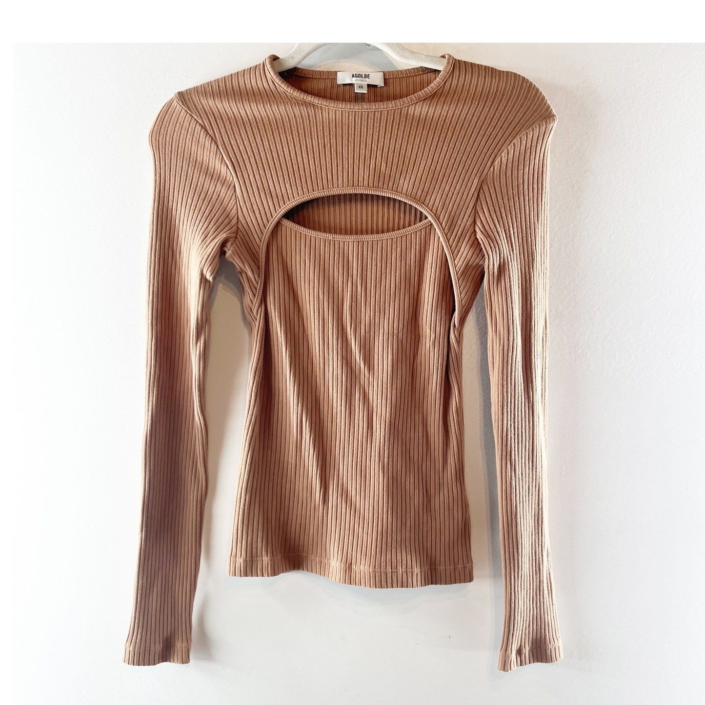 AGOLDE Lyza Cutout Ribbed Long Sleeve Top Tan Beige XS