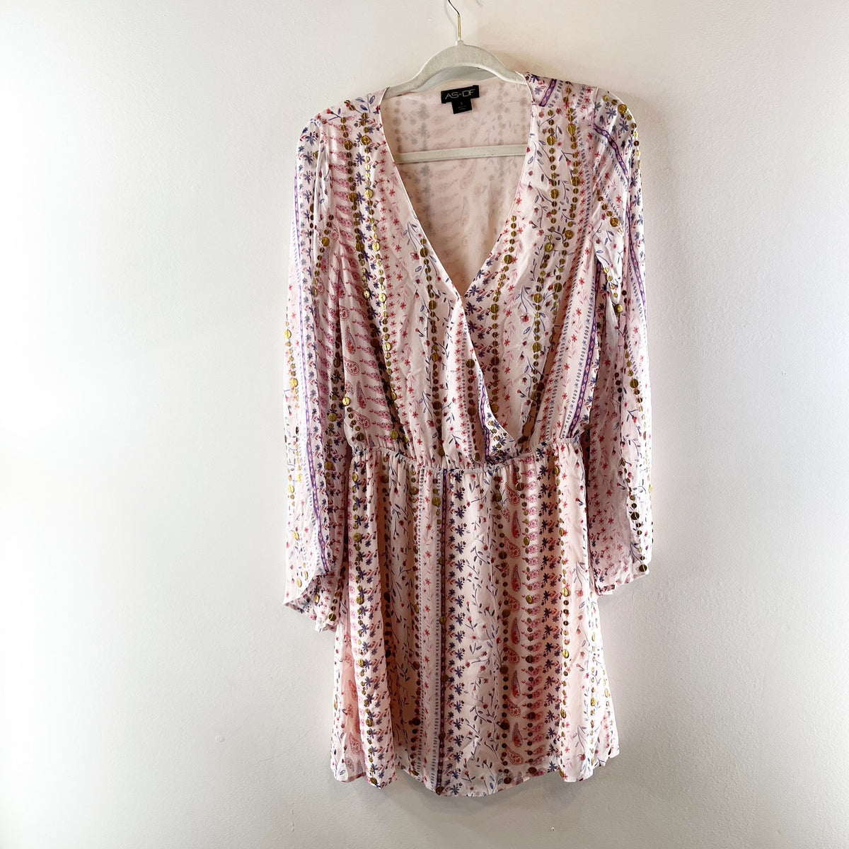 AS by DF Flora Embellished Long Sleeve Silk Mini Dress Pink Small
