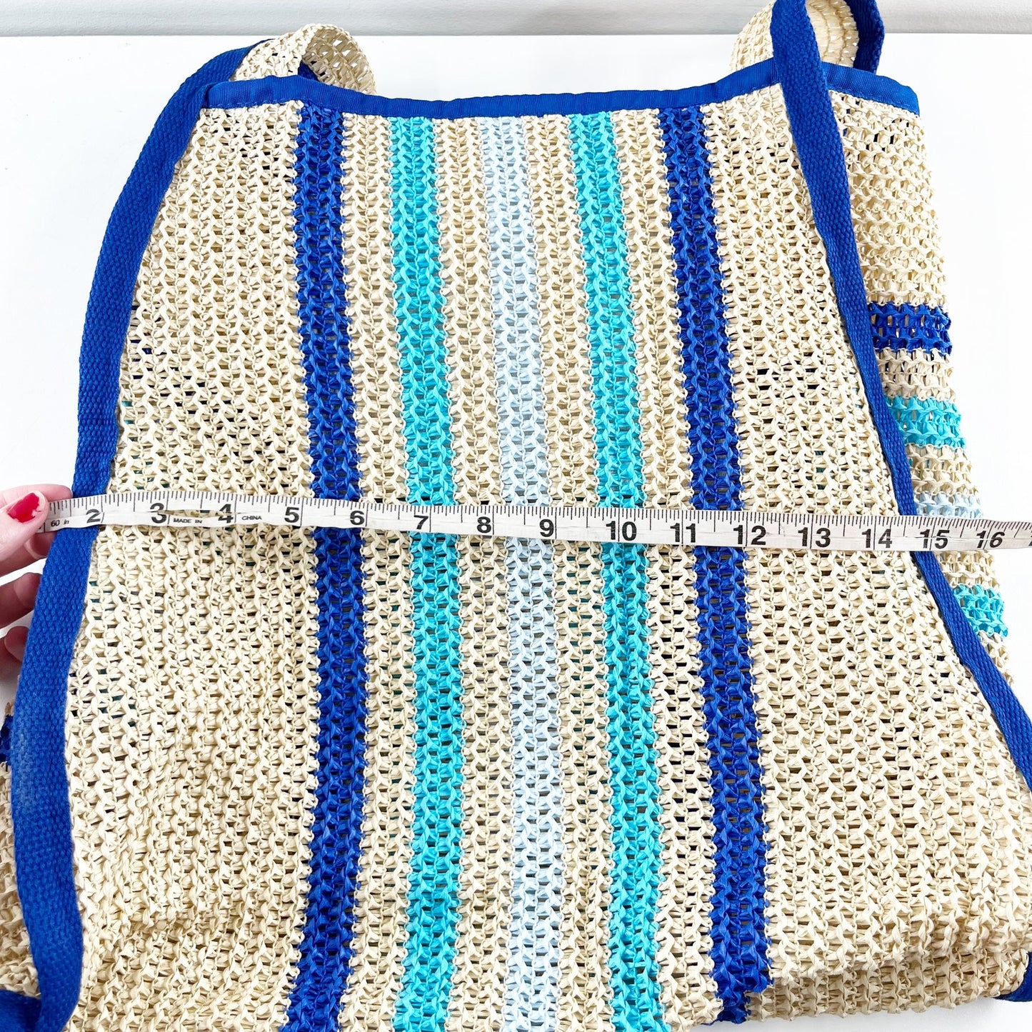 Styline Crochet Striped Beach Tote Bag Tan Blue