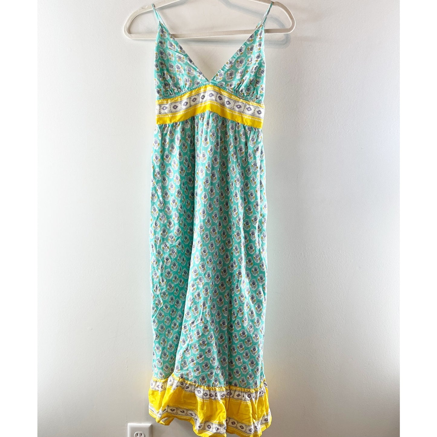 J. Crew Beach Criss Cross V Neck Maxi Sundress Dress Green Yellow Large