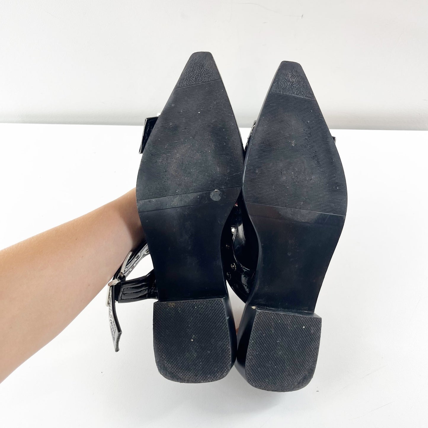 Black Patent Leather Buckle Slip On Pointed Toe Slingback Flat Shoes 39 / 8.5