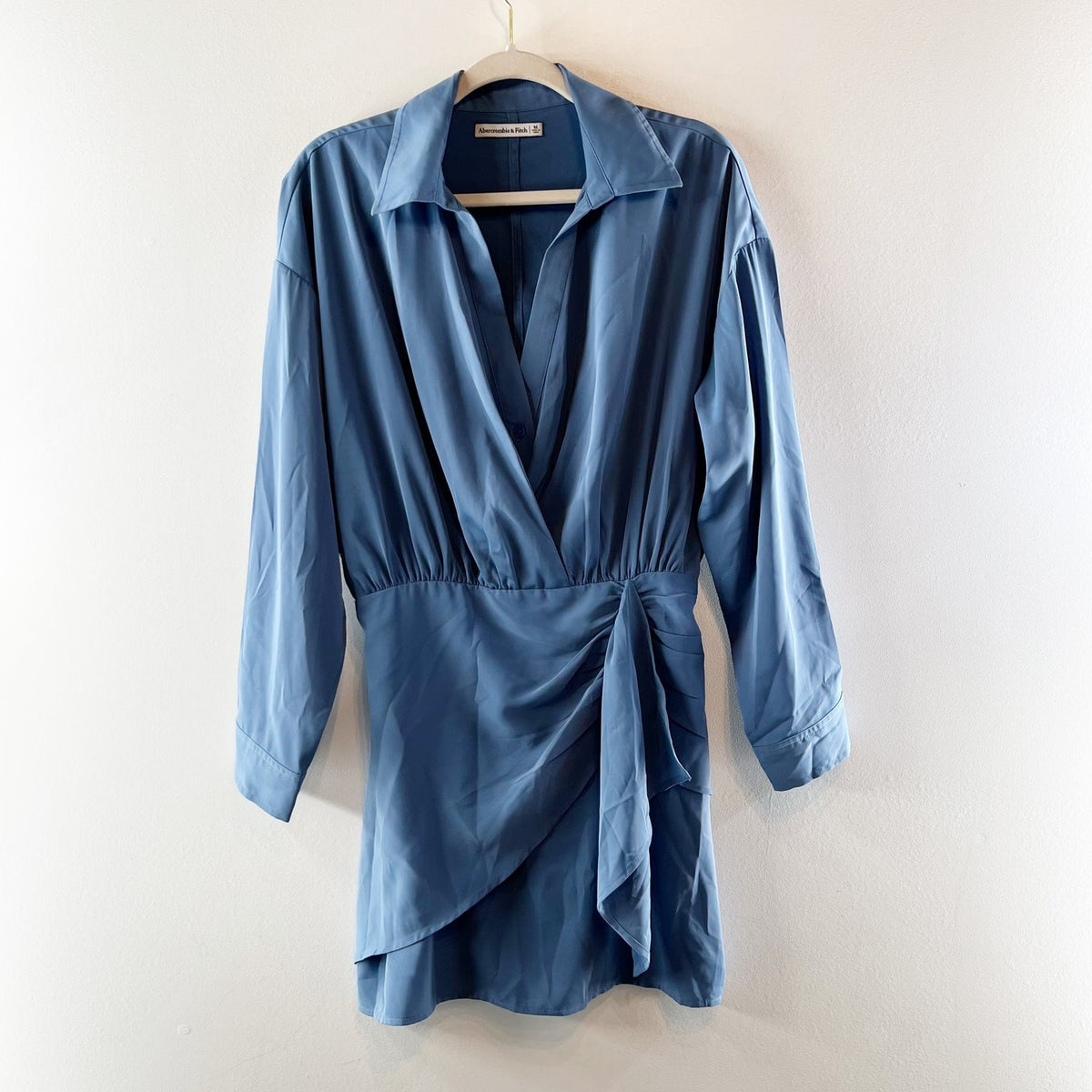 Abercrombie Long Sleeve V Neck Collared Wrap Mini Shirt Dress Blue Medium