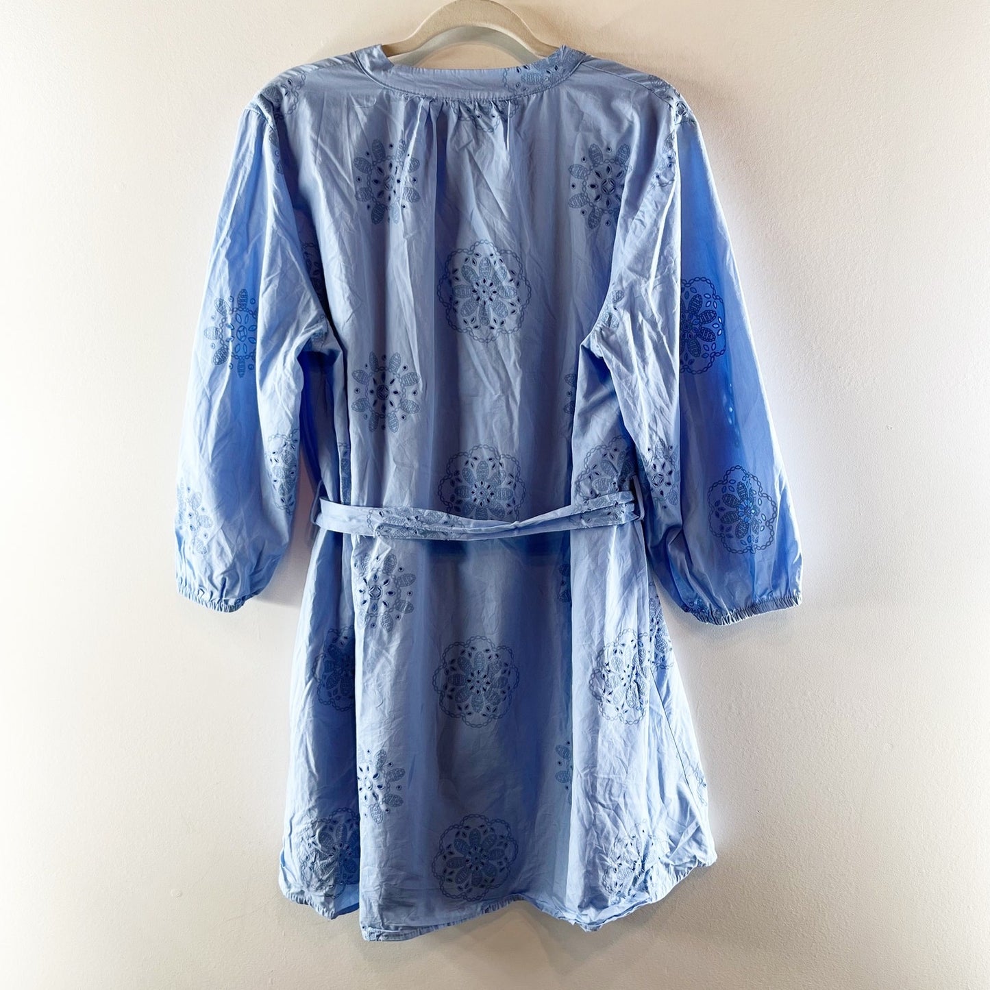 ZARA Long Sleeve Belted Poplin Embroidered Mini Dress Light Blue XXL