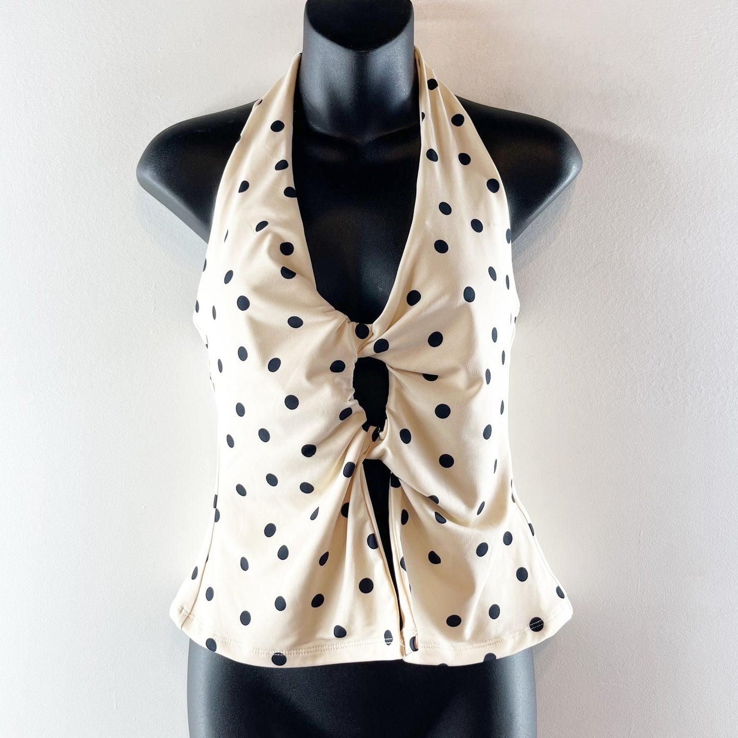 Abercrombie Polka Dot Twist Cutout Halter Tank Top Cream Black Medium