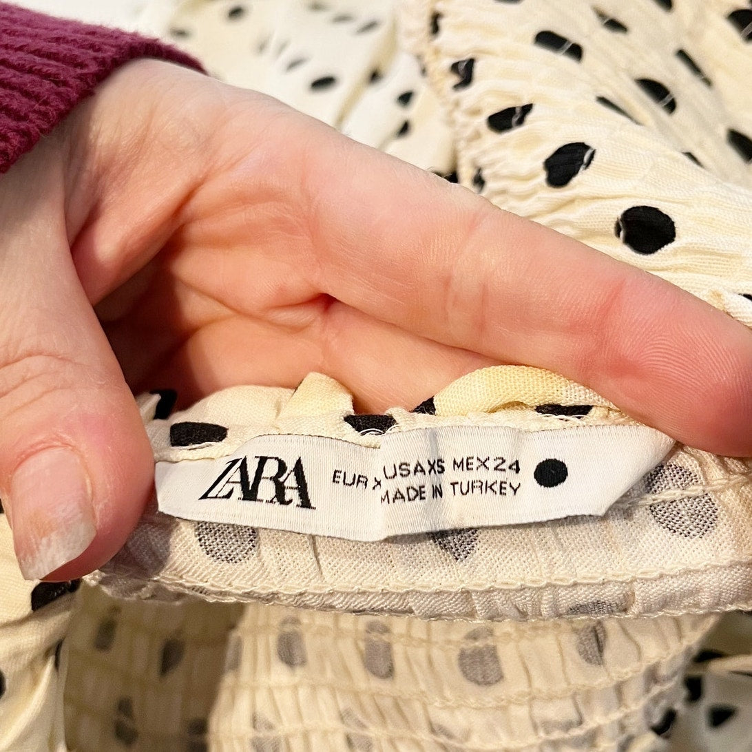 ZARA Smocked Square Neck Ruffle Hem Polka Dot Midi Dress Cream Black XS