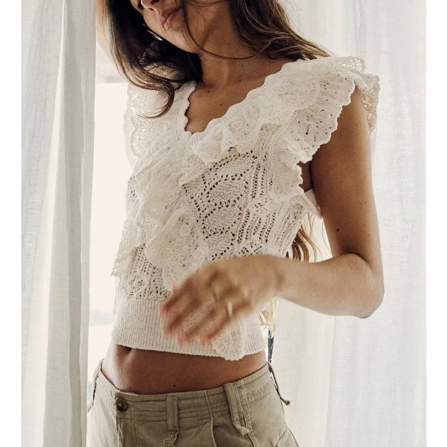 ZARA Pointelle Crochet Knit Ruffle V Neck Short Sleeve Top Cream Large