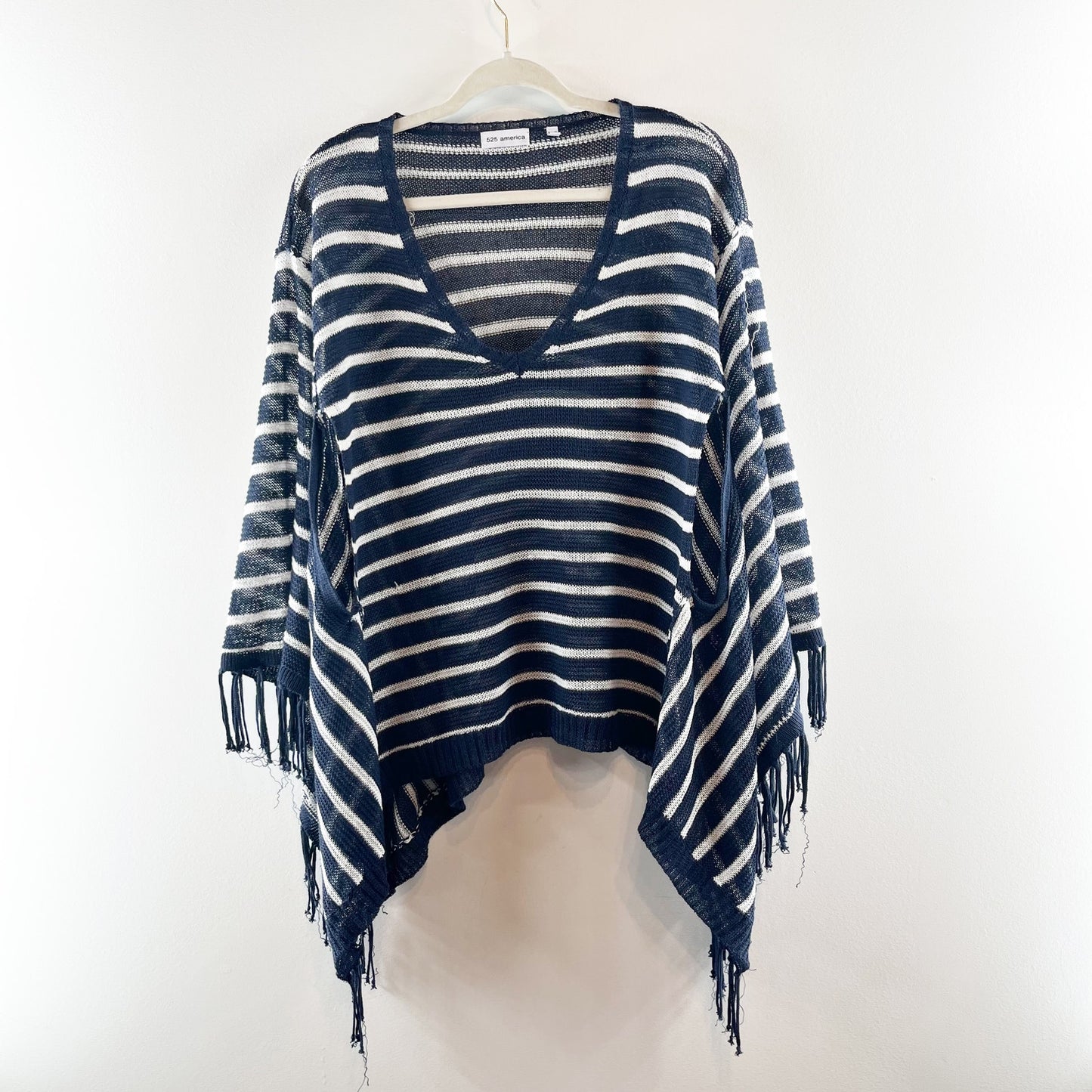 525 America Linen Striped Fringe Trim Poncho Sweater Navy Blue White XS / S