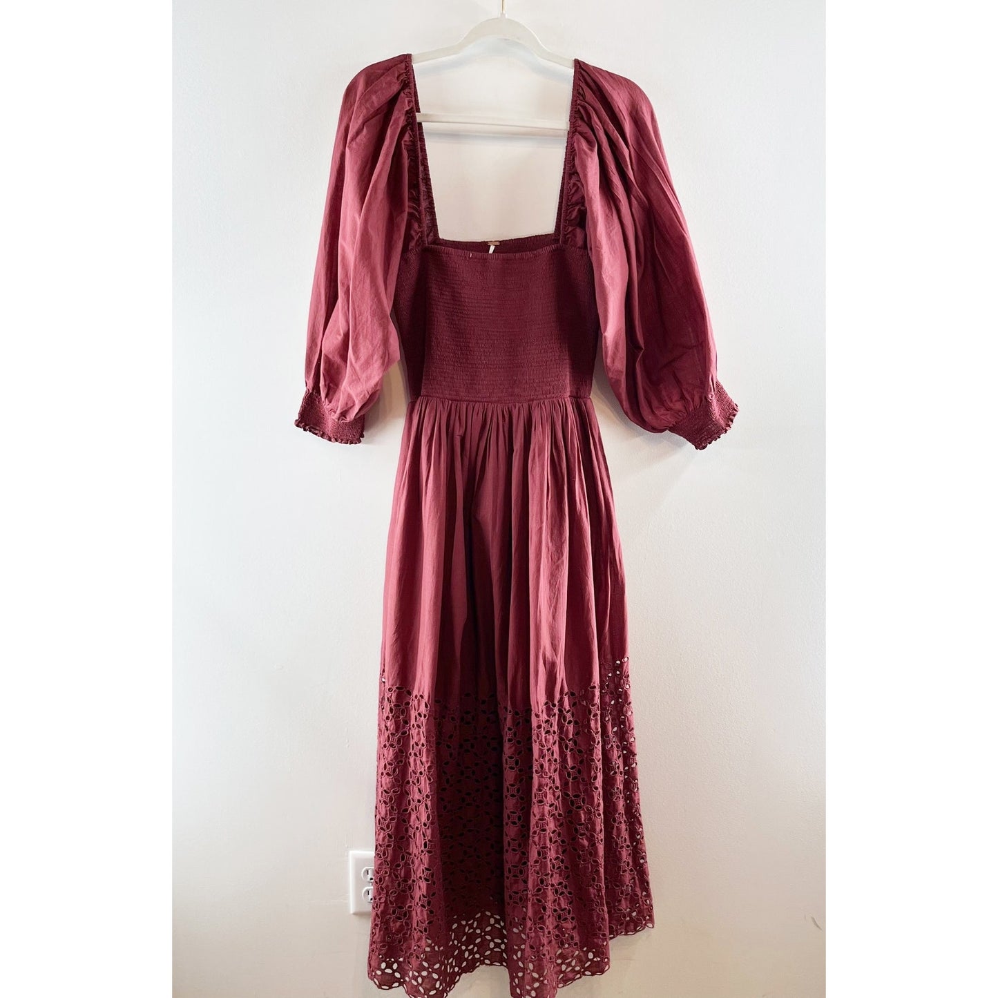 Free People Perfect Storm Long Sleeve Smocked Eyelet Midi Dress Maroon Medium