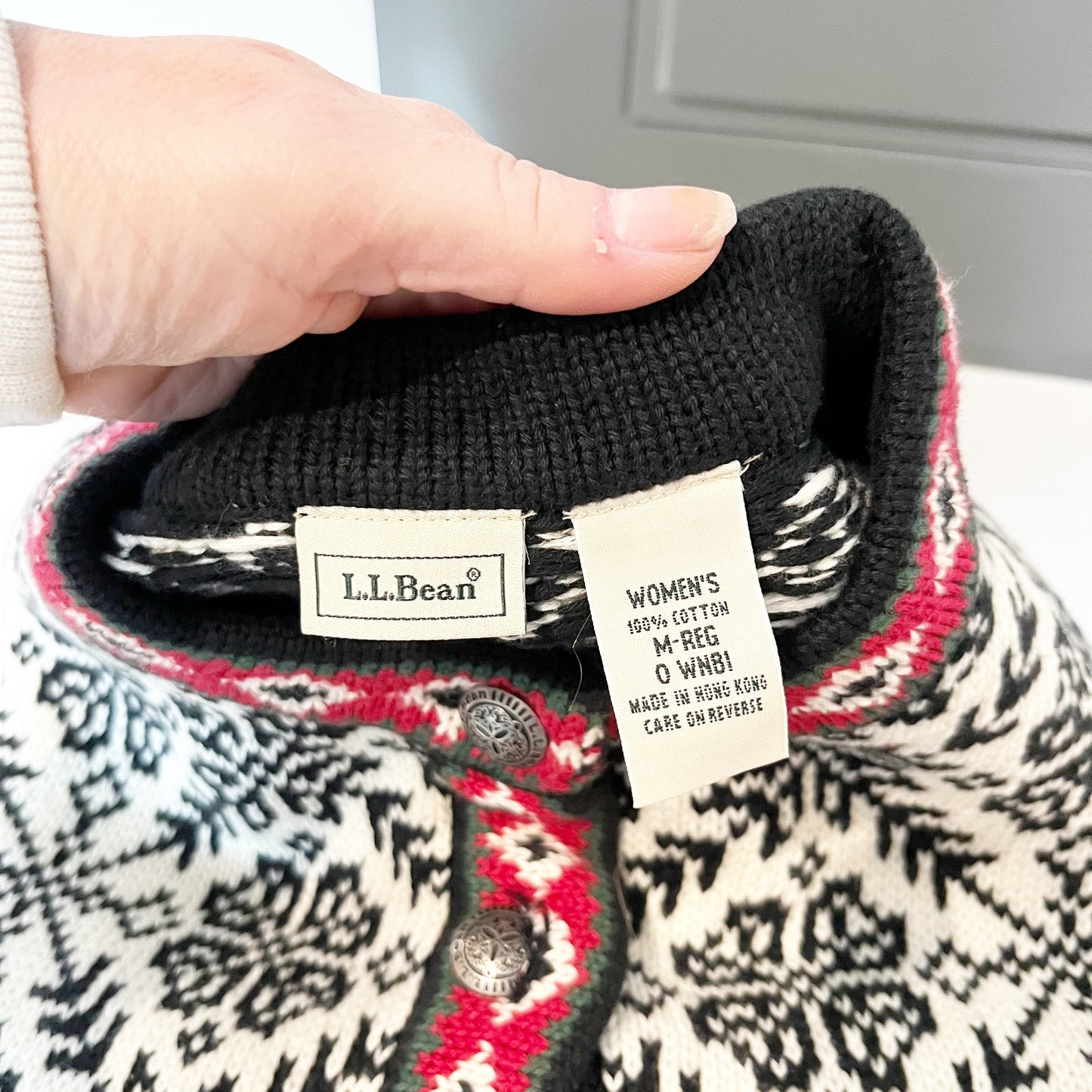 L.L Bean Fair Isle Long Sleeve Button Front Cardigan Sweater White Black Medium