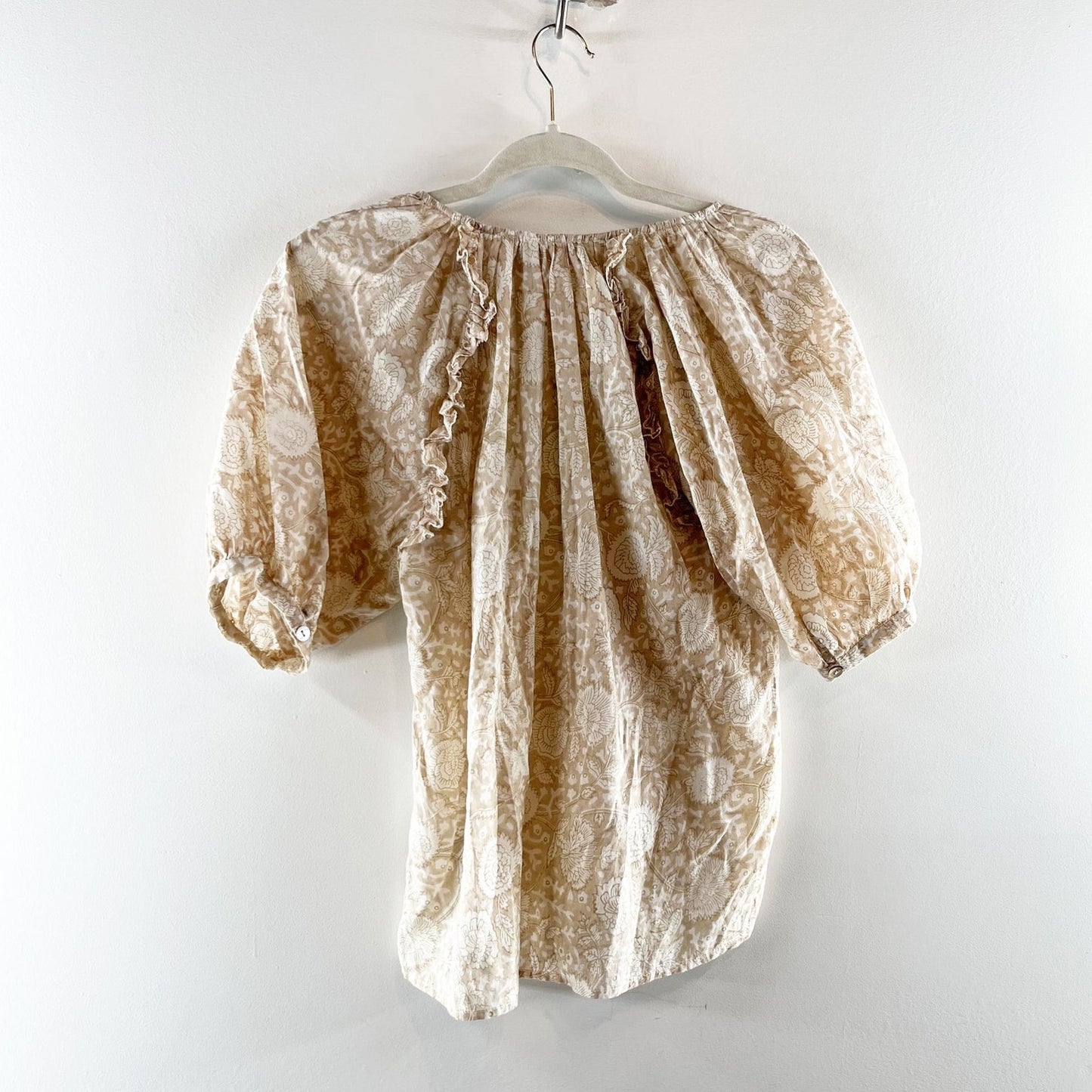 Cleobella Raimi 100% Organic Cotton Blouson Sleeve Blouse Top Beige Small