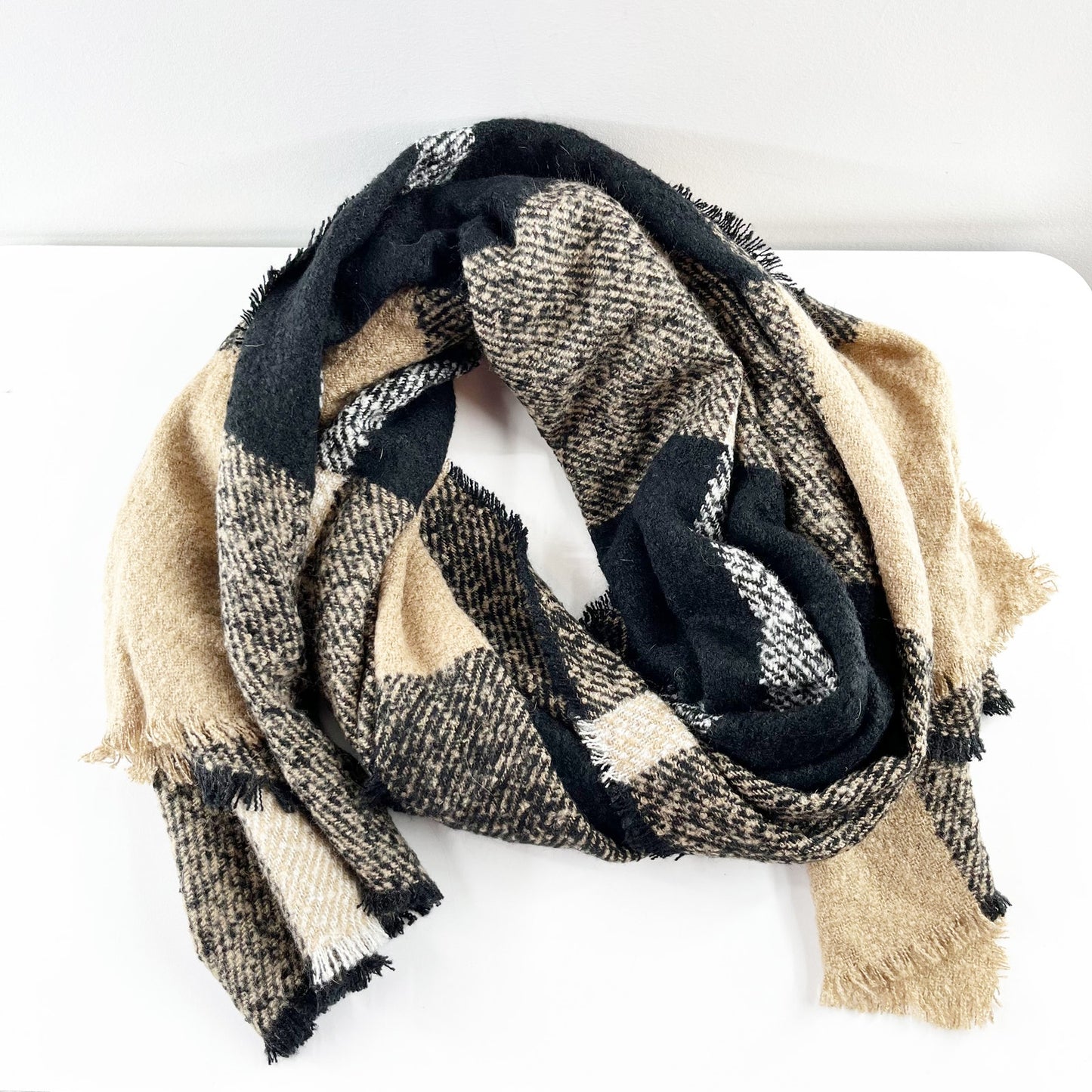 Plaid Wrap Scarf Tan Beige