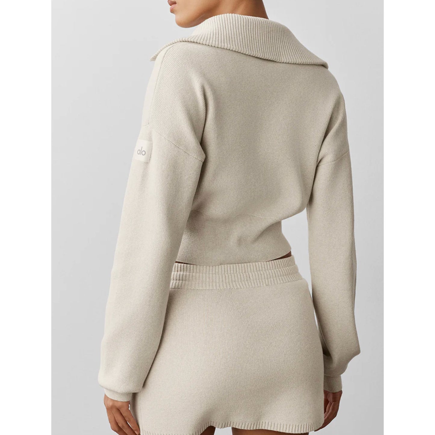 Alo Scholar Knit Cropped Full Zip Jacket Sweater Oatmeal Heather Tan XS