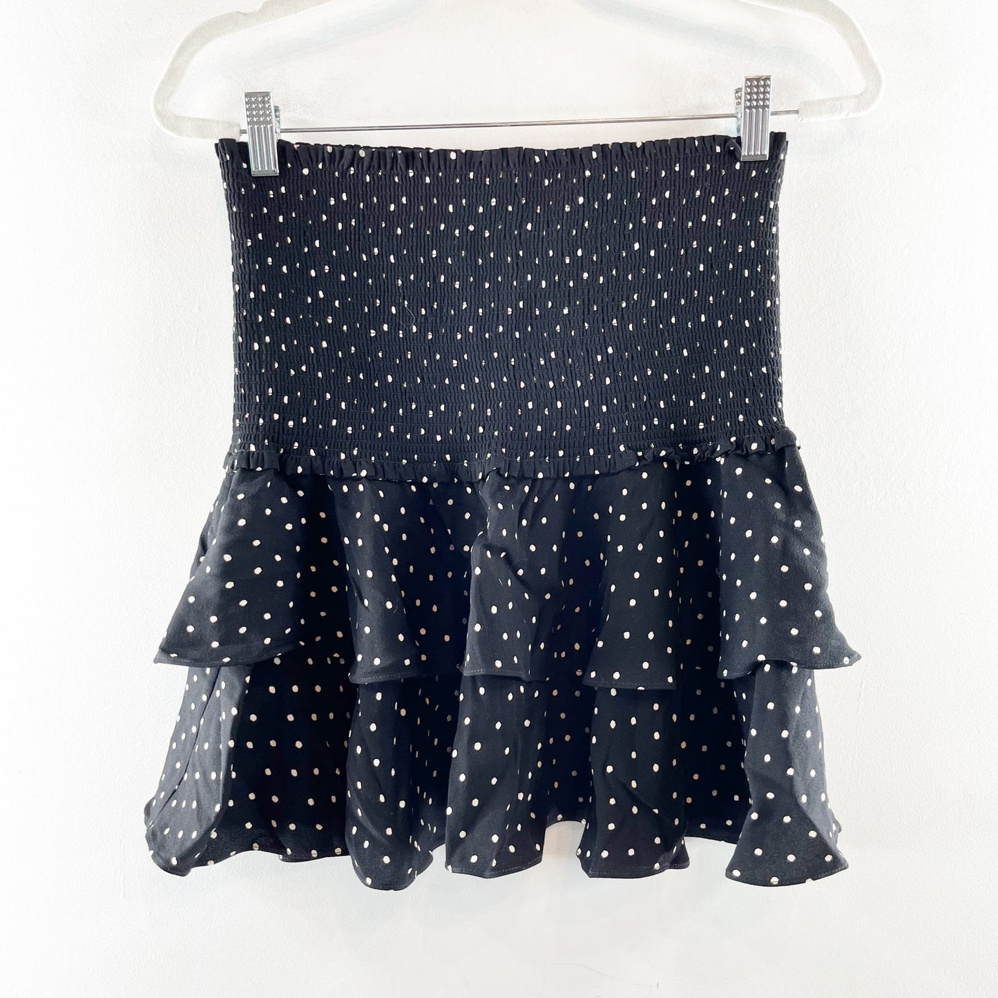Aritzia Sunday Best Smocked Tiered Ruffle Polka Dot Mini Skirt Black Medium