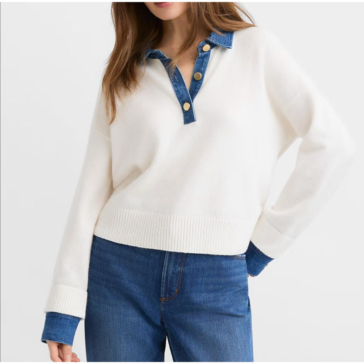 LOFT Denim Collar Henley Long Sleeve Sweater Cream Blue Small